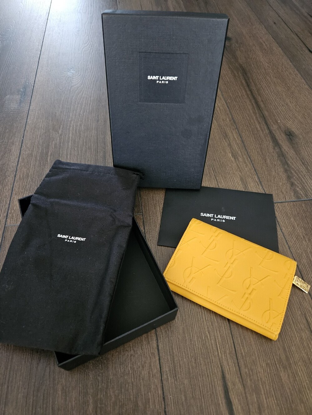 YSL Embossed Monogram Leather Continental Wallet Mustard Yellow Italy